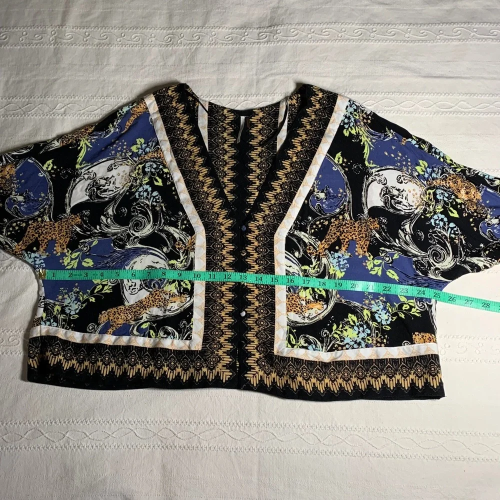 Free People Leopard Baroque Top XS Womens Blouse Tie Sleeve Boho Festival Artsy